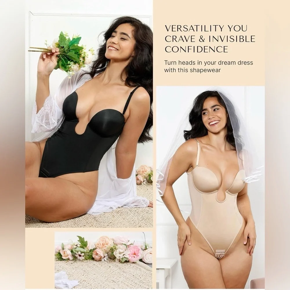 SHAPELLX strapless shapewear bodysuit U plunge corset backless tummy control